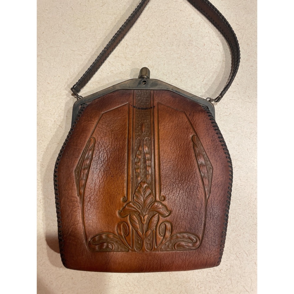 Vintage Tooled Leather Handbag Brown Art Nouveau Floral Embossed Frame Bag